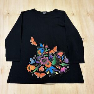 Sabaku Artwear Shirt Womens Medium Black Butterfly Floral Tunic Top 3/4 Sleeve